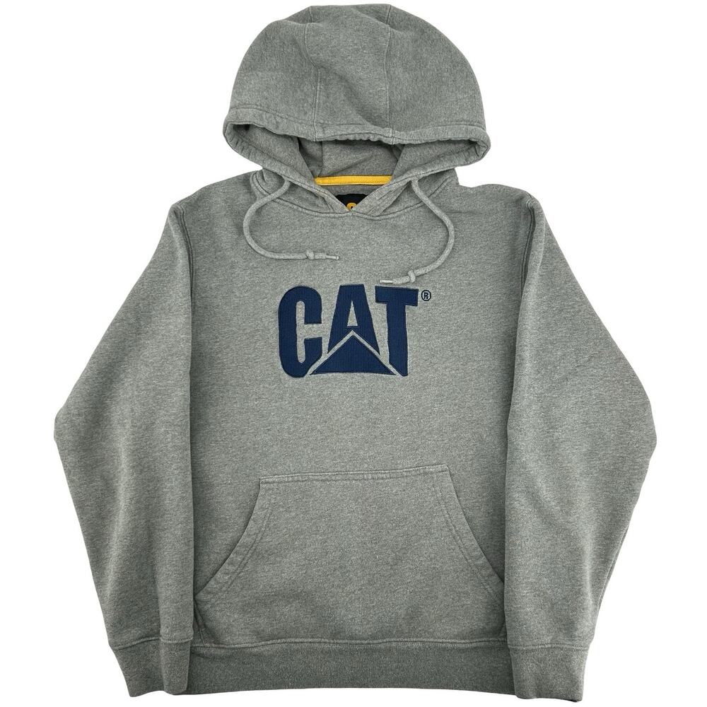Mens CAT Caterpillar Embroidered Trademark Hoodie Sweatshirt Grey Navy sz Medium
